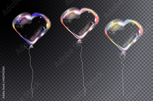 Set of realistic air helium balloon heart-shaped with ribbon. Colorful transparent collection of festive ballons isolated in air. Party decorations for Valentines Day, birthday, anniversary. 3d vector