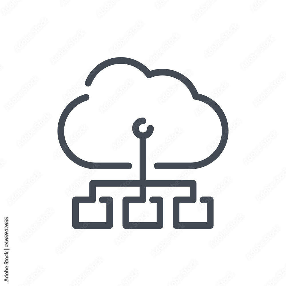 Cloud service with task request line icon. Online storage structure vector outline sign.