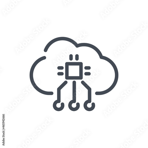 Cloud service with connection to hardware line icon. Online storage network vector outline sign.