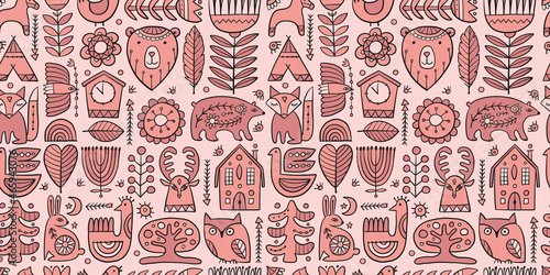 Nordic Ornament. Forest Animals, Folk Background. Seamless pattern for your design