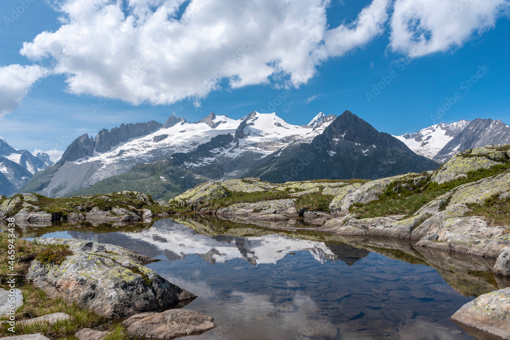 Fototapeta premium Landscape near Bettmeralp with the mountains Fusshoerner and Rotstock