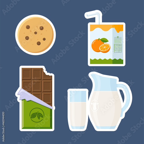 Kids Snacks Stickers Set. Collection of flat style meal icons cookie, chocolate and Milk in different package for logo, label, print, recipe, menu, decor and decoration