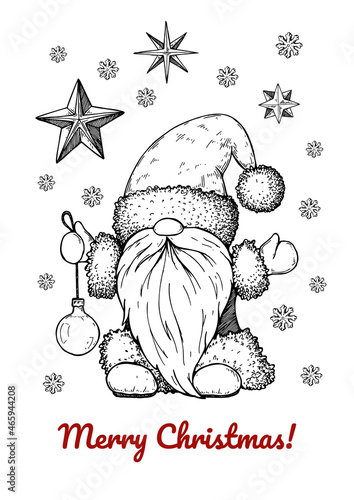 Hand drawn Christmas greeting card with Santa Clause and Christmas tree ball. Vector illustration in sketch style