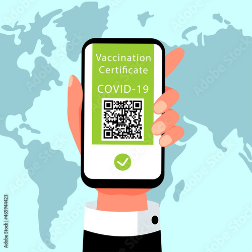 Immunization certificate with qr code on device screen. Smartphone in hand with health passport