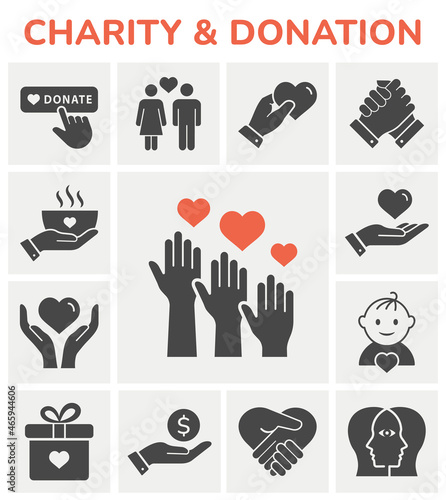 Charity icon set. Collection of handshake, donate, foundation, help, and more.