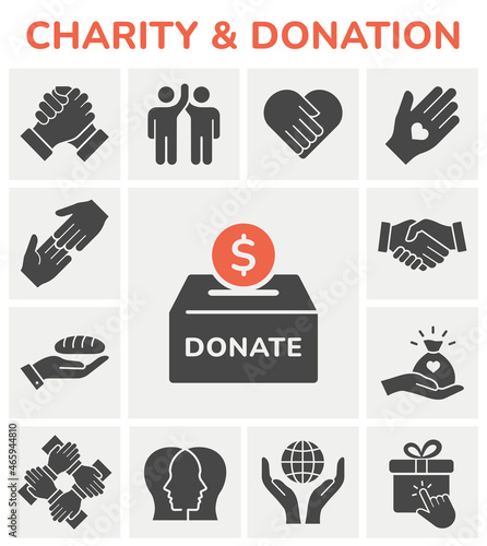 Charity icon set. Collection of handshake, donate, heart, help and more.