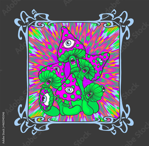 fly agarics with eyes, psy art, crazy vector illustration