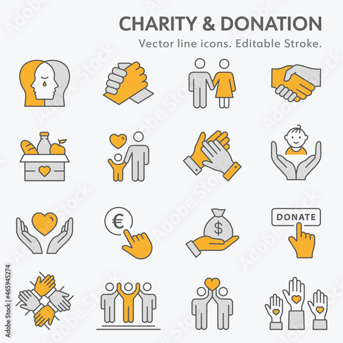 Charity line icon set. Collection of donate, social, help, solidarity and more. Editable stroke. Change to any any colour.