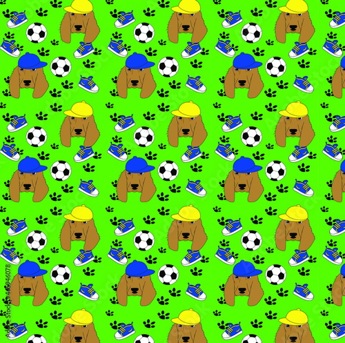 A seamless pattern with spaniel dogs, soccer balls and sneakers © Олечка