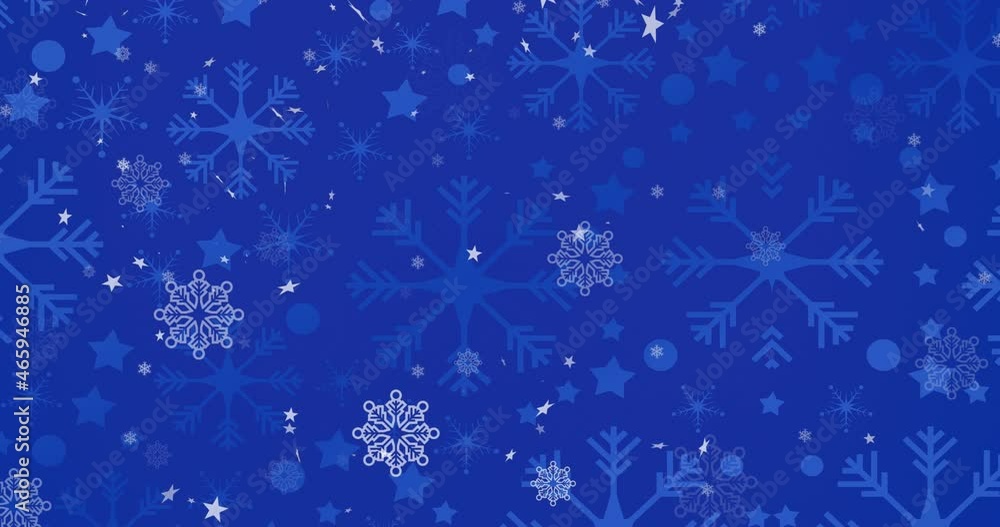 Animation of christmas stars falling over snowflakes on blue background Animation of christmas stars falling over snowflakes on blue background