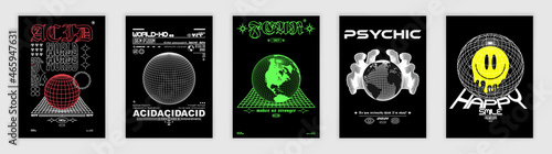 Collection of modern abstract posters. In Acid style, stylish print for streetwear, print for t-shirts and hoodies, isolated on black background