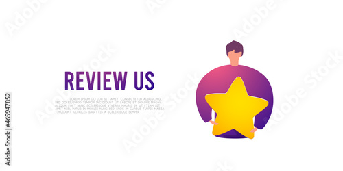 Cartoon man hold yellow star, costumer review illustration