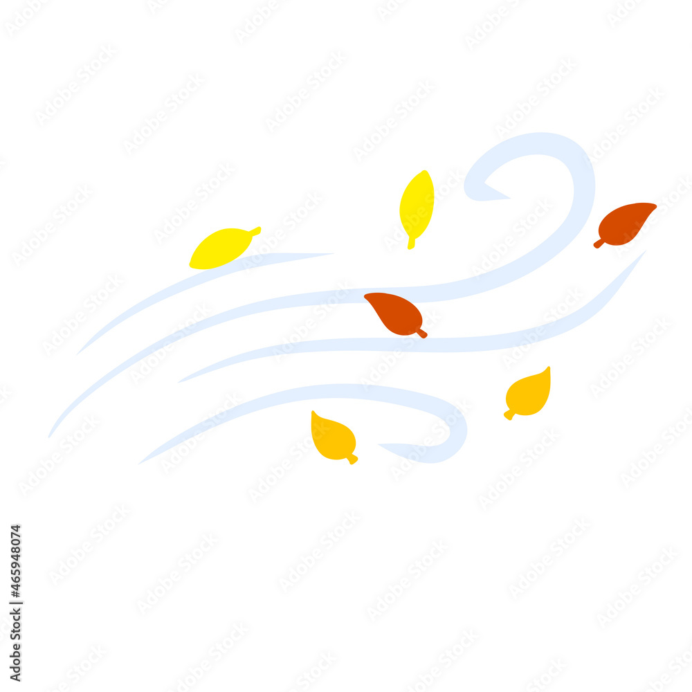 Autumn Wind. Stream of air with red and yellow leaves. Blue wavy line.