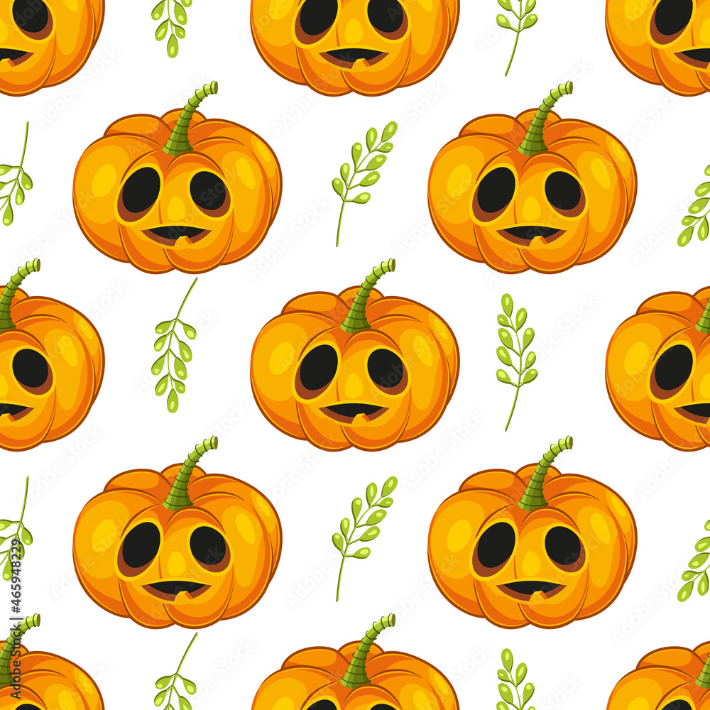 Patterns main symbol of Happy Halloween holiday with different emotions. Seamless Orange unusual pumpkins with a smile for your design for the holiday Halloween on white background.Vector illustration Patterns main symbol of Happy Halloween holiday with different emotions. Seamless Orange unusual pumpkins with a smile for your design for the holiday Halloween on white background.Vector illustration