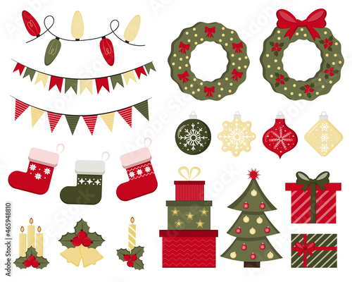 Set of Christmas and New year illustration with christmas tree, wreath, gifts, tree toys and other decoration elements. Design for prints, cards, posters. Bright Christmas design elements set.