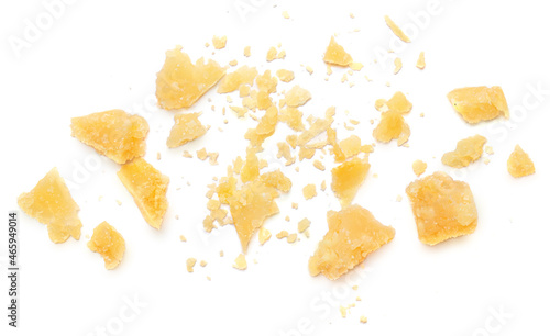 Parmesan cheese  crumbs (Parmigiano, Grana)  isolated on white background.  Flat lay, top view..