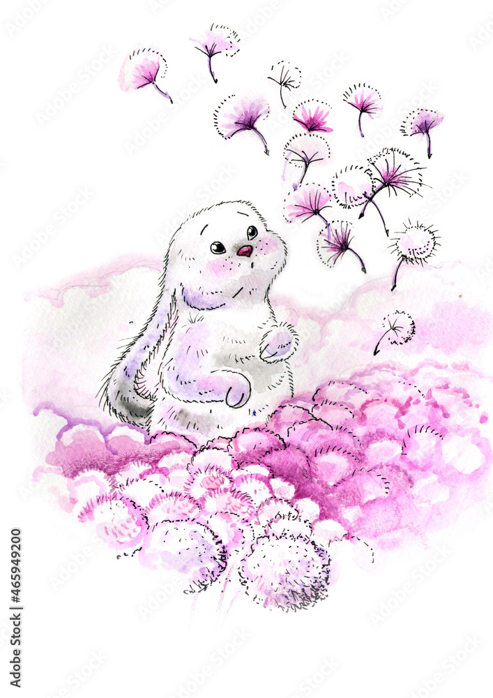watercolor illustration rabbit with dandelions watercolor illustration rabbit with dandelions