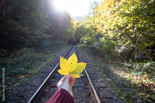 Autumn leaf in woman hands, train railways in the background