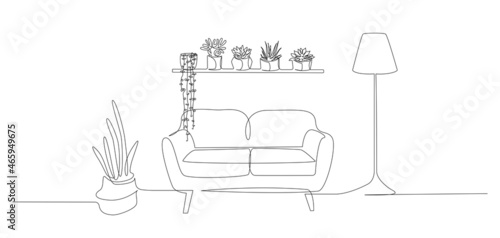 Continuous one line drawing of sofa and wall shelf with potted plants and floor lamp. Modern scandinavian furniture couch in simple linear style. Doodle vector illustration
