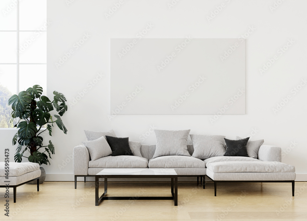 canvas frame photo mockup in clean minimalist room with brown sofa and plant 3d rendering - obrazy, fototapety, plakaty 