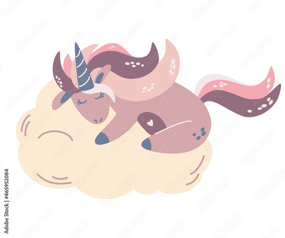 Unicorn sleeping on a cloud. Animal fairy cartoon character girly. Magic sleeping time for sweet dream. Good night. Perfect for invitations, children books, fashion, banner. Vector illustration.