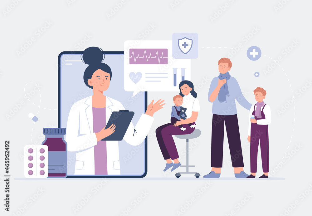Modern family on online consultation with a therapist. Video call with doctor. Online medical services, consultation and telemedicine concept. Vector flat illustration. Modern family on online consultation with a therapist. Video call with doctor. Online medical services, consultation and telemedicine concept. Vector flat illustration.