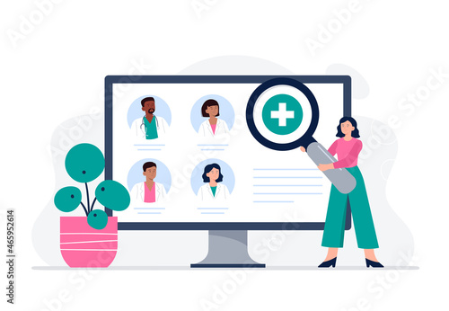 A woman is looking for a doctor for an online consultation. Search for a professional doctor. Online medical services, consultation and telemedicine concept. Vector flat illustration.