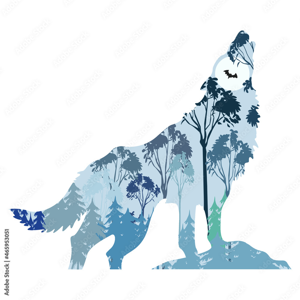Silhouette of a wolf design, Powerful wolf symbol, Blue forest in ...