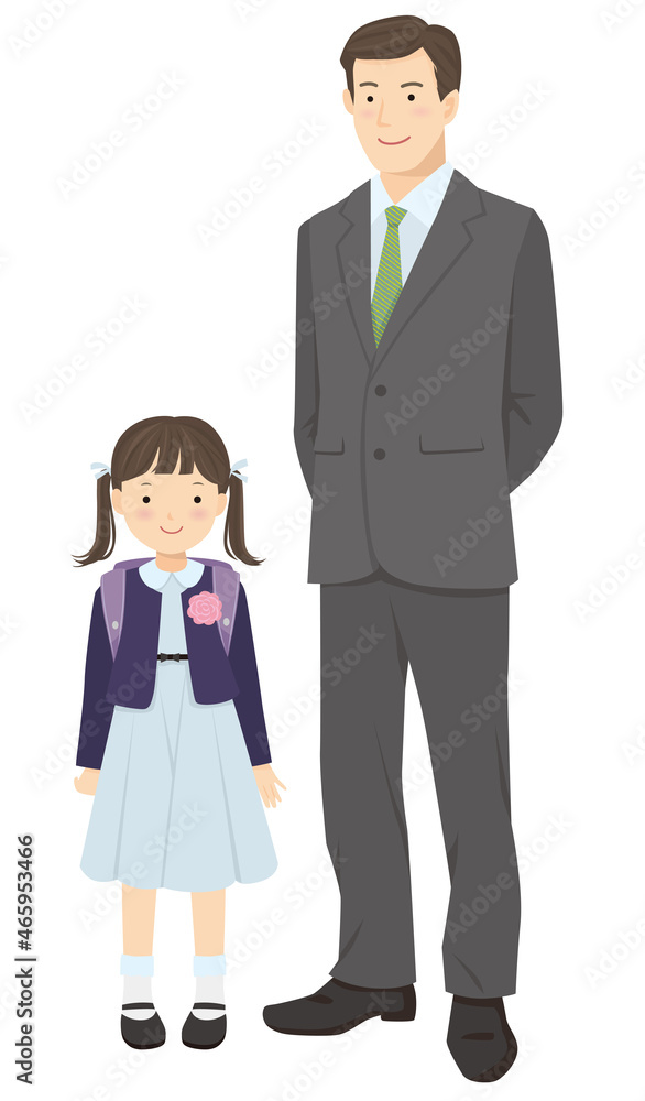 並んで立つ新入生の女の子とお父さん 並んで立つ新入生の女の子とお父さん