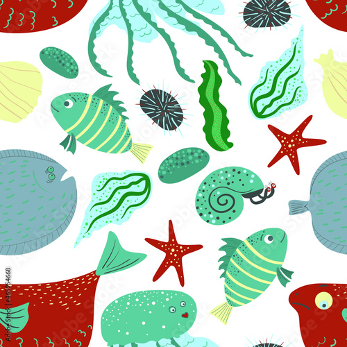 Seamless pattern sea life. Fish, jellyfish, star, sea urchin, 
snail, seaweed, shell. Vector flat illustration