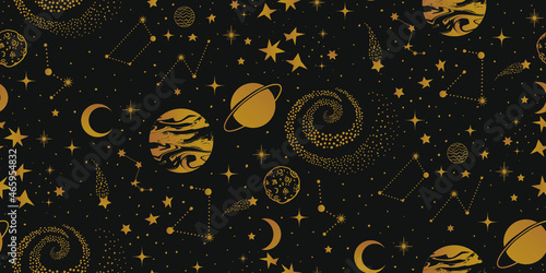seamless golden celestial pattern: galaxy, stars, jupiter, saturn, constellations, moon