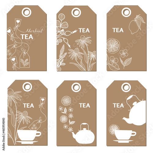 Vector set of labels and tags for tea bags with hearbs, cup, kettle and tea pot. Herbal Tea vector background
