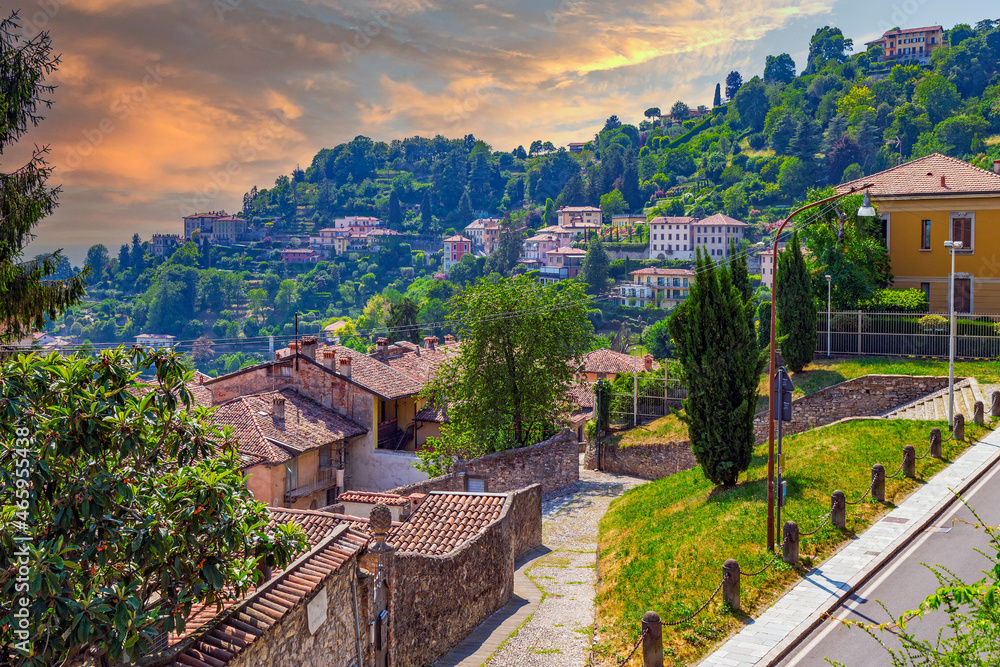 Panoramic view over Old Town Citta Alta, Bergamo, Italy