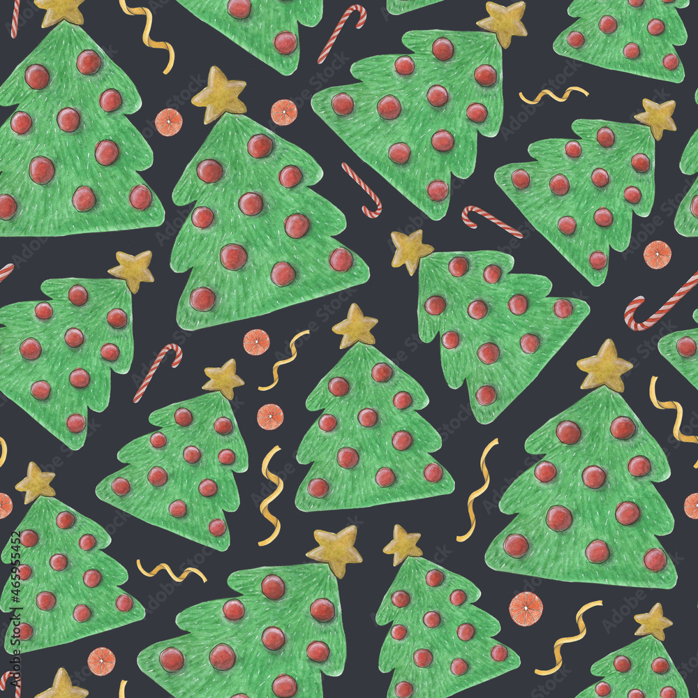 Christmas seamless pattern. A Christmas tree decorated with Christmas balls. New Year's card