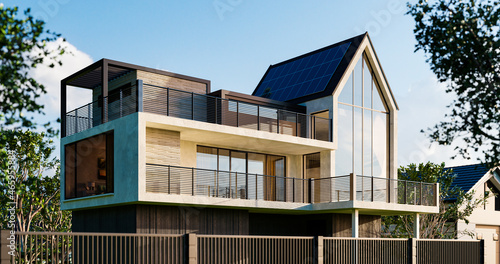 Modern design home with high ceilings and large windows - 3d render © guteksk7