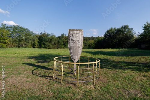 Memorial wooden shield to the beginning of the reconstruction of the Khmelnitsky house in Subotiv village, Ukraine