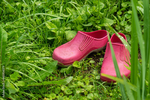 A pair of pink rubber galoshes in the green grass. photo