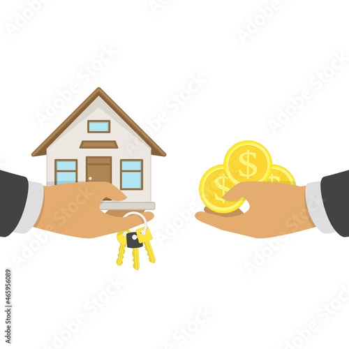 Buying a house concept. Real estate and Home for Sale vector illustration in flat design. The hand of a realtor holds out a key to the house, and the buyer or lessee gives money.