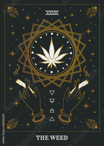 tarot card: cannabis, herb, joint and marijuana, magical illustration
