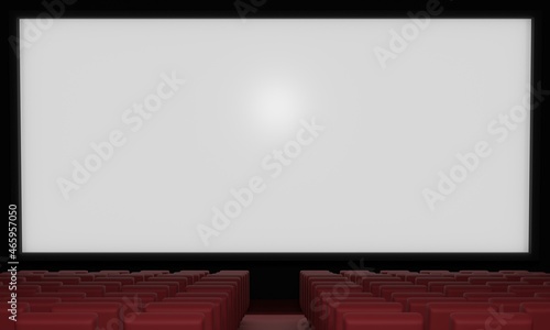 white cinema screen and red seats in the hall.3d rendering.