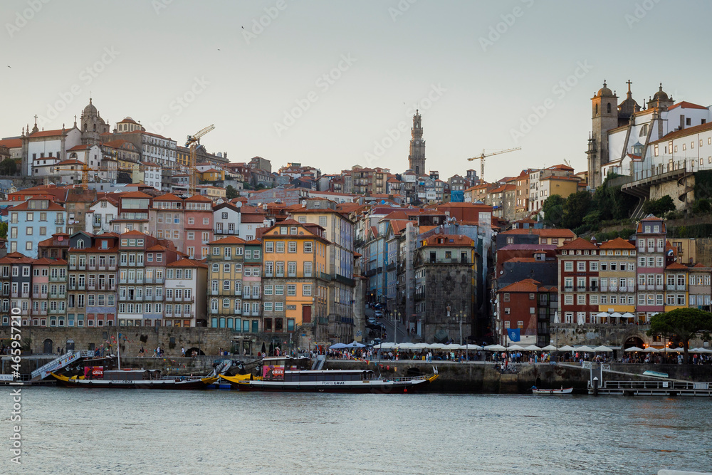 Panorama view of Porto Old Town. Ribeira view with the Douro river.
