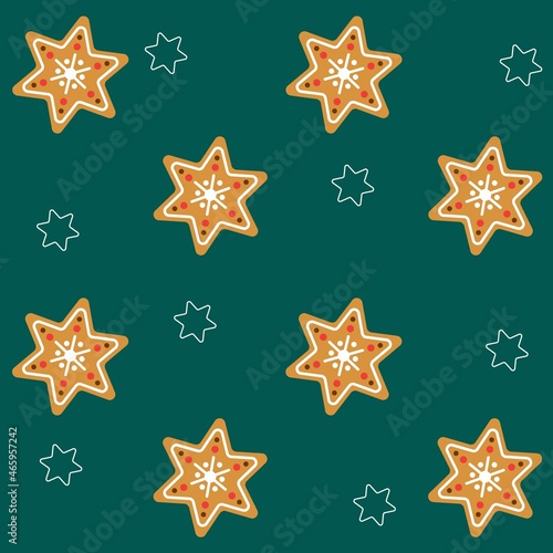 Seamless pattern with gingerbread stars, vector illustration. Christmas background with pastries. Template with cookies for wallpaper, packaging and fabric.