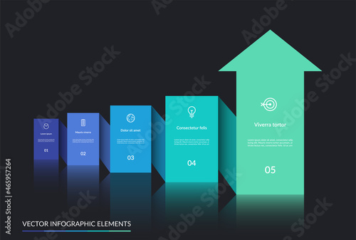 Upward arrow shaped infographic template with 5 steps. Can be used for web design, timeline, diagram, process chart, graph, business presentation.
