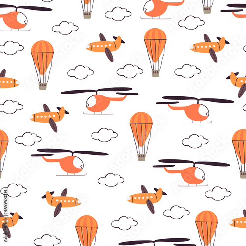 Seamless pattern with cute cartoon helicopters, airplanes and hot air ballon. Vector illustration. White background.