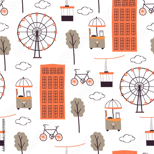 Hand drawn city seamless pattern. Buildings, ferris wheels, bicycles, trees, ice cream carts and cableway. Doodle vector illustration. 