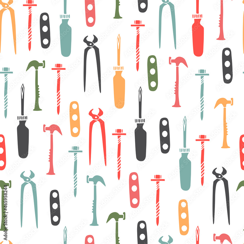 Vector seamless pattern with hand drawn repair instruments. Cute tool kit. White background. Doodle illustration. Funny print. Vector seamless pattern with hand drawn repair instruments. Cute tool kit. White background. Doodle illustration. Funny print.