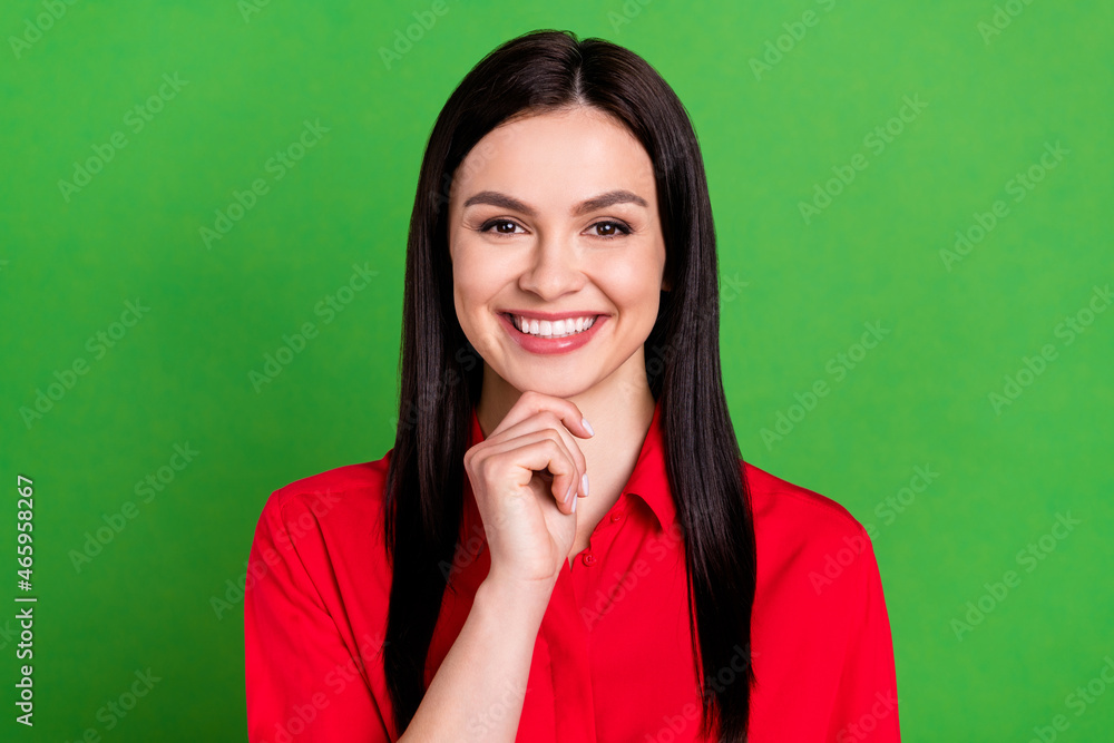 Portrait of attractive cheerful glad skilled lady company director touching chin isolated over bright green color background Portrait of attractive cheerful glad skilled lady company director touching chin isolated over bright green color background