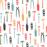 Vector seamless pattern with hand drawn repair instruments. Cute tool kit. White background. Doodle illustration. Funny print.