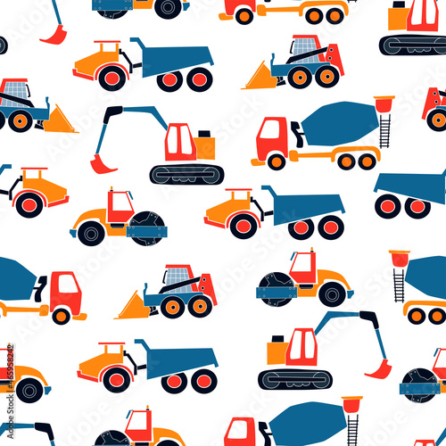 Cute vector seamless pattern with hand drawn  construction objects: bulldozer, excavator, crane, tractor, loader. Doodle illustration. Child print.