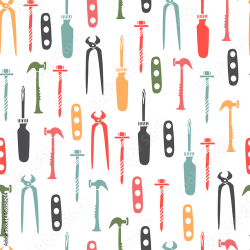 Vector seamless pattern with hand drawn repair instruments. Cute tool kit. White background. Doodle illustration. Funny print.